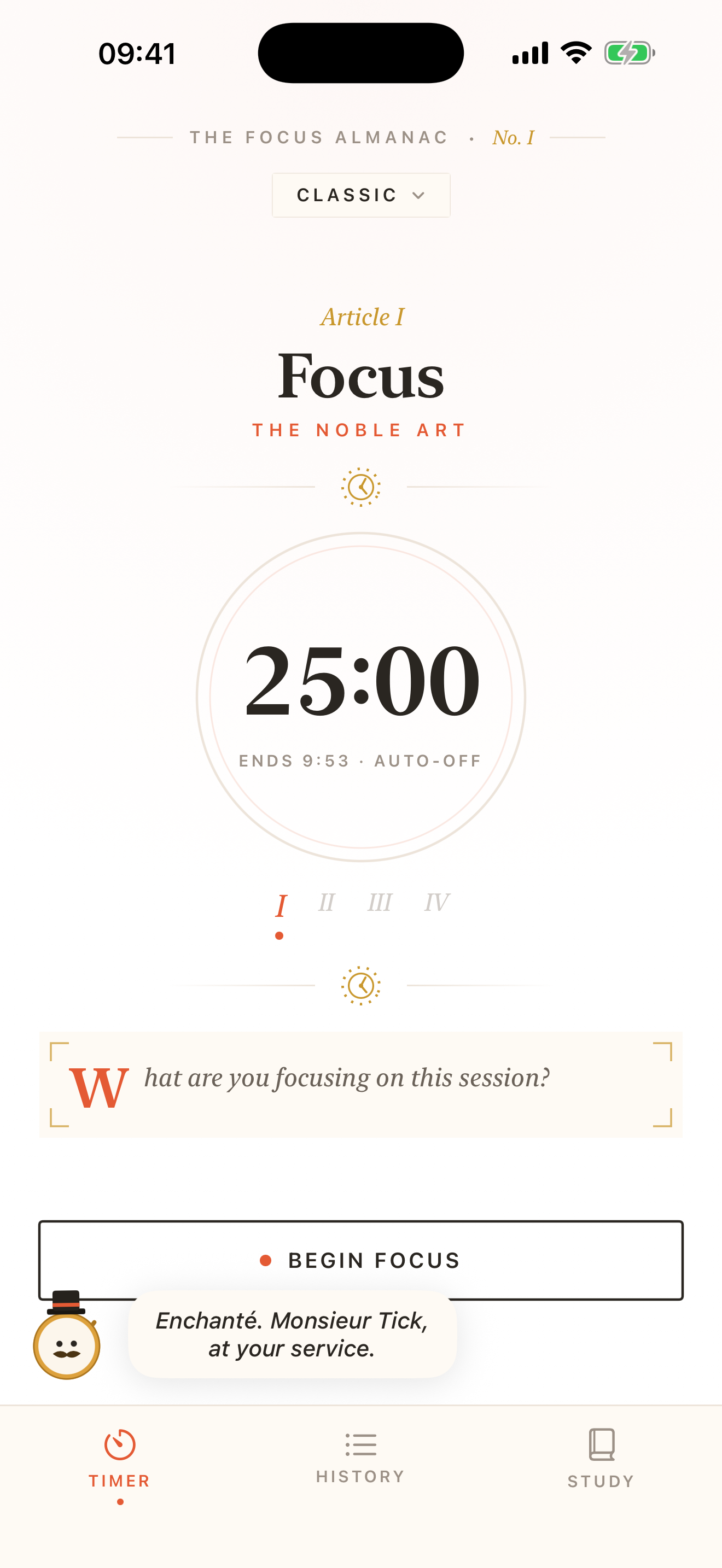 The Monsieur Tick focus timer — a 25:00 countdown in the Almanac style